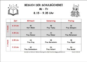 Stundenplan, wann welche Klasse in die Bücherei darf.